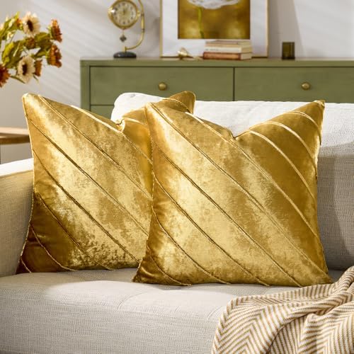 GIGIZAZA Decorative Gold Velvet Stripe Throw Pillow Covers 20x20 Set