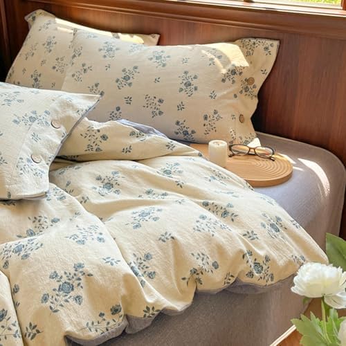 100% Washed Cotton Duvet Cover Set, Super Soft and Comforter Floral