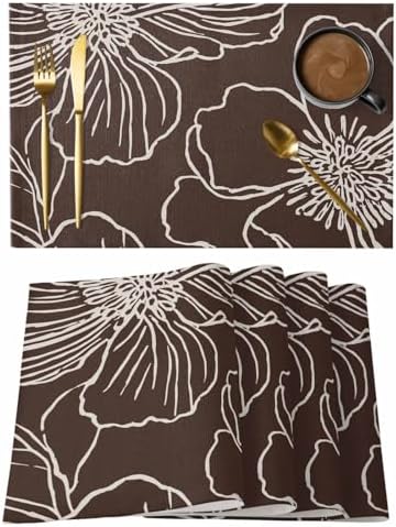 Placemats Set of 8, Brown Flowers Woven Placemat, Linen Place Mats for