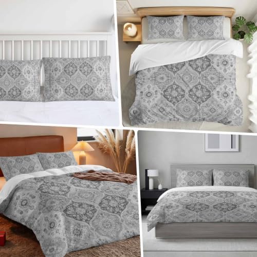 Duvet Cover Full Size, Grey Boho 3-Piece Bedding Quilt/Comforter