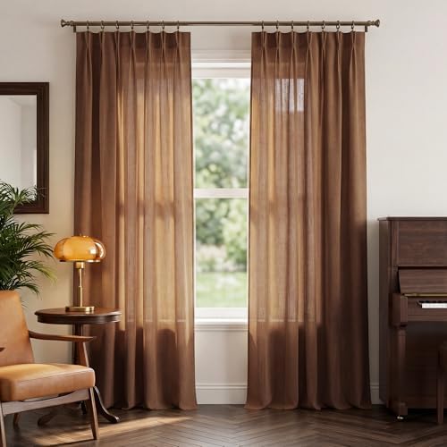 NICETOWN Pinch Pleated Linen Gold Brown Curtains 96 inches Long, Flax