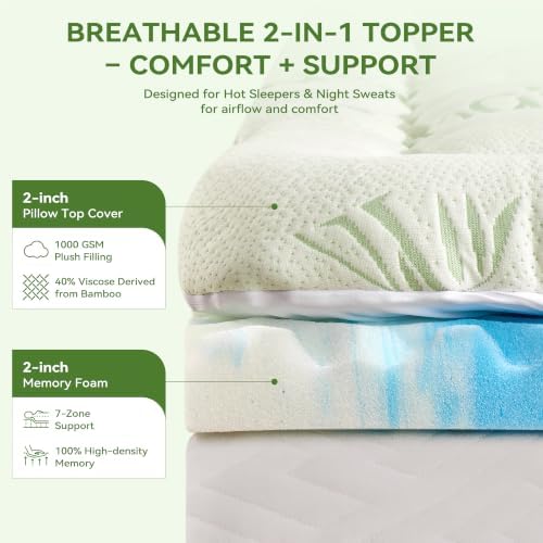 BDEUS Queen Size Dual Layer 4 Inch Memory Foam Mattress Topper, 2 Inch