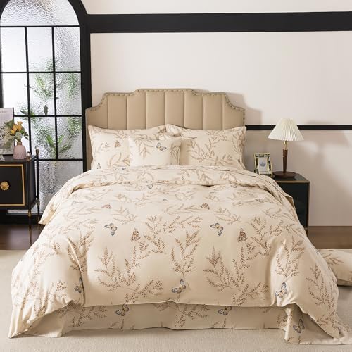 FADFAY Beige 100% Brushed Cotton Vintage Botanical Duvet Cover Queen