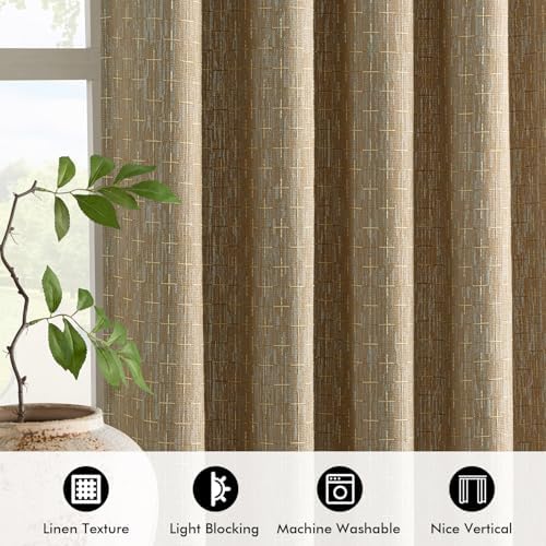 MIULEE Patterned Farmhouse Linen Curtains, Back Tab, 52Wx72L, Khaki