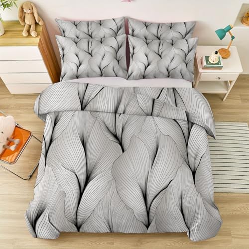 Soft Breathable Microfiber Grey Duvet Cover - Minimalist Modern Leaf