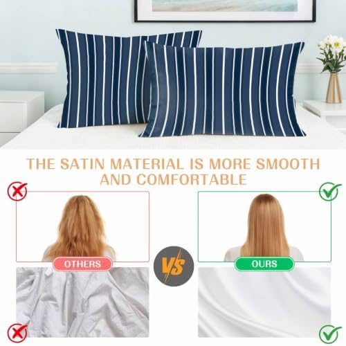 Navy Blue Stripe Pillow Cases Queen Size Set of 2, Modern Minimalist
