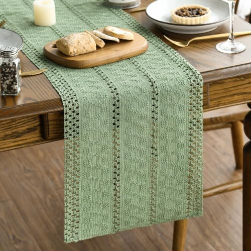 Artoid Mode Light Green Woven Farmhouse Hollow Table Runner 12x120