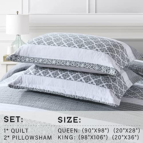 PERHOM 100% Cotton Queen Quilt Set, Bluish Gray Striped Bedding