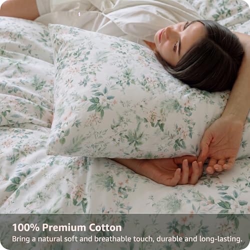 100% Cotton Pink Floral Duvet Cover Queen Size – Green Botanical Duvet