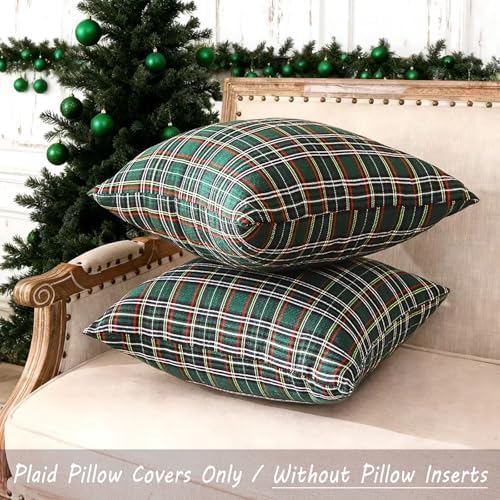 Green Christmas Tartan Plaid Decor Throw Pillow Covers 18x18 Set of 2
