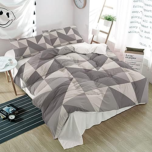 Duvet Cover Set Queen, Geometric Grey Art Triangle 3 Piece Bedding Set