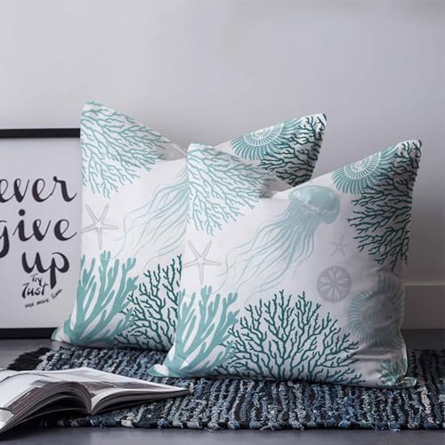 Pillow Covers 20x20 Set of 2, Teal Green Coastal Square Throw Pillow