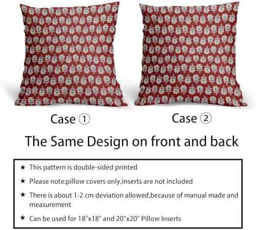 Floral Pillow Covers 18x18 Inch Set of 2 Dark Red Flowers Block Print