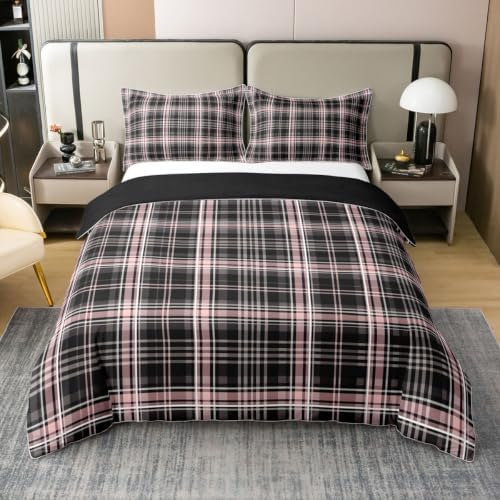 Manfei Tartan Grid Girls Bedding Set Twin Size 100% Cotton, Line Plaid