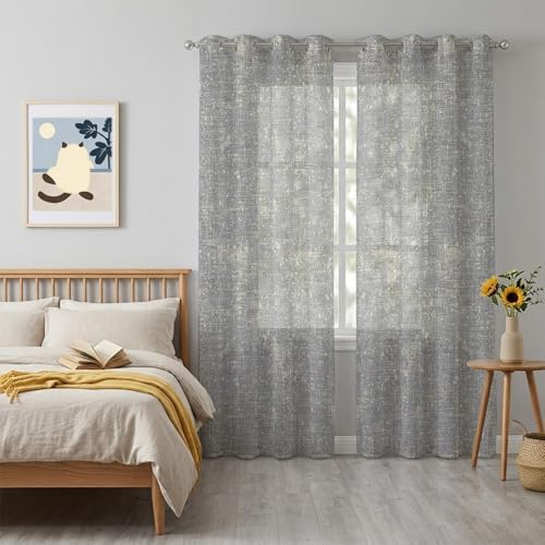 Gray Beige Linen Textured Sheer Curtains 63 Inch Long 2 Panels