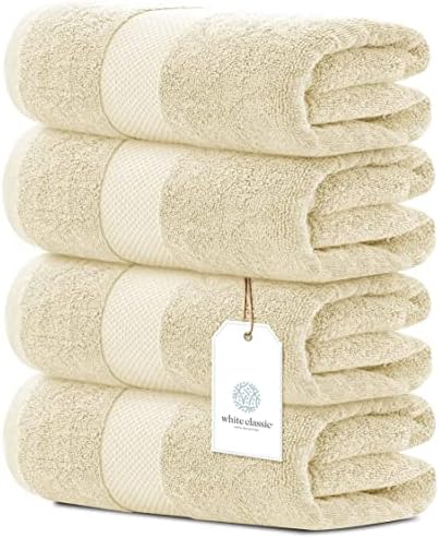 White Classic Luxury Beige Bath Towels - 4 Pack, 100% Turkish Cotton