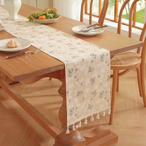 12x108 Inch Boho Floral Table Runner with Tassels, Neutral Beige