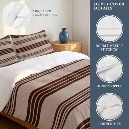 Duvet Cover King Size 3 Piece Bedding Set, Brown and Beige Stripe Soft