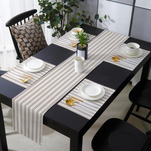 Tan Stripes Table Runner and Placemats Set of 6 Sandy Beige Cotton
