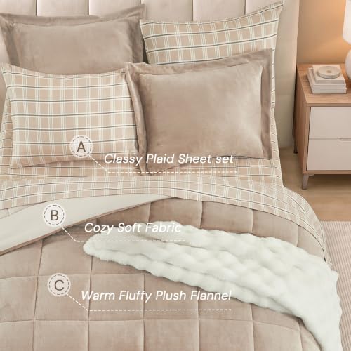 Plush Queen Comforter Set Light Taupe Flannel Velvet Bedding Sets