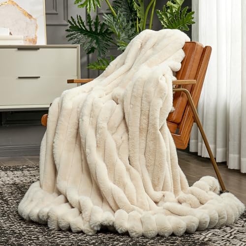 Cozy Bliss Faux Fur Throw Blanket for Couch, Cozy Warm Plush Striped