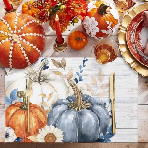 Placemats Set of 8, Fam Autumn Pumpkin Fall Leaves Washable Table Mats