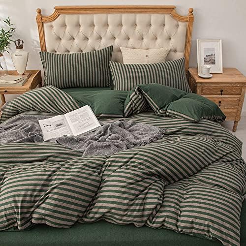 PURE ERA Jersey Duvet Cover Set Heather Forest Green Stripe California