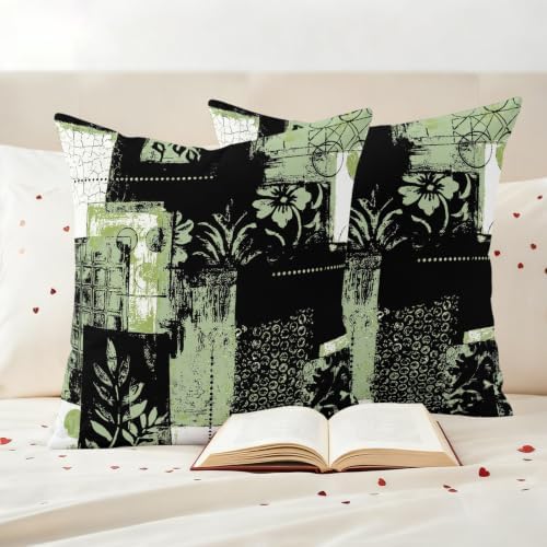 Sage Green Black Floral Leaves Decorative Throw Pillow Covers 18x18