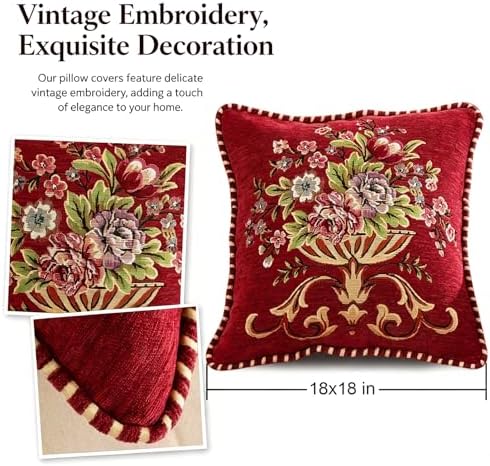 Set of 2 Red Christmas Vintage Embroidered Throw Pillows Covers