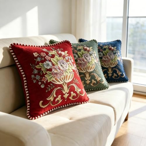 Set of 2 Red Christmas Vintage Embroidered Throw Pillows Covers