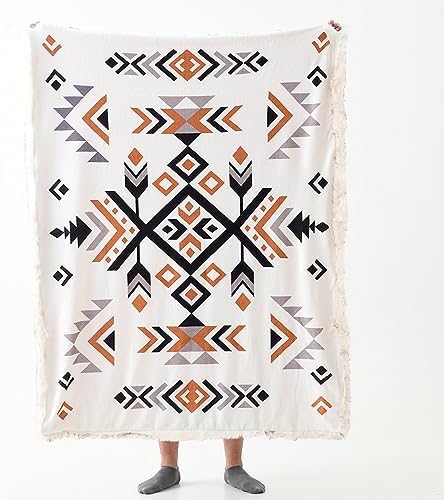 Luxury Plush Faux Fur Throw Blanket with Aztec Pattern, Super Warm