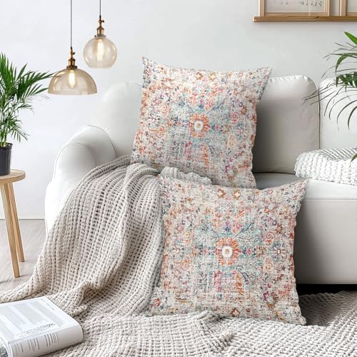 Orange Teal Pink Vintage Bohemian Pillow Covers 20x20 Inch Gray Beige