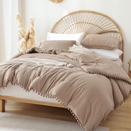 YIRDDEO King Size Comforter Set, Taupe Ball Pom Fringe Bedding Set
