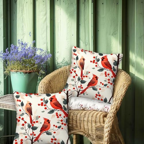 Red Cardinal Throw Pillow Covers 18x18 Set of 2 | Bird Berry Branch