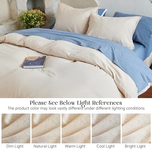 Queen Size Washed Cotton Duvet Cover Set, 3 Pieces Linen Like Cooling