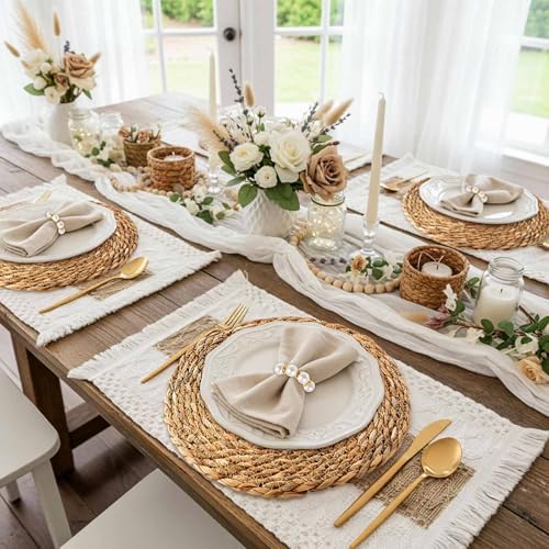6 Sets Boho Placemats, Rattan Burlap Mats, Pearl Napkin Rings