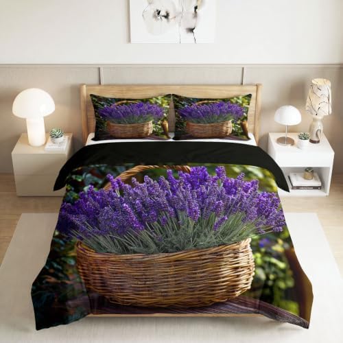 Queen Duvet Cover Set Plants and Floral Lavender Bedding with