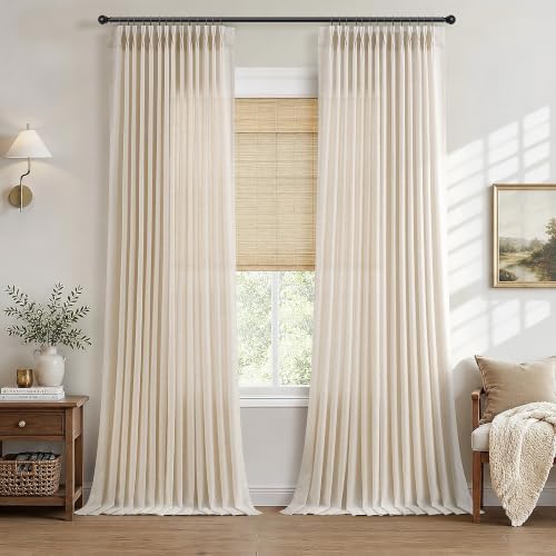 Hokibero Cream Pinch Pleated Linen Curtains 120 Inch Long for Living