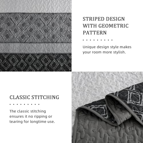 Cottolester Full Size Quilt,3 Pcs Black White Grey Striped Bedspread