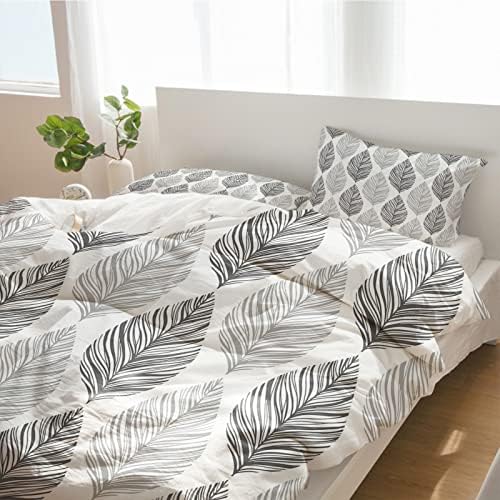 Duvet Cover Set Queen, Seamless Grey Leaves Texture 3 Piece Bedding