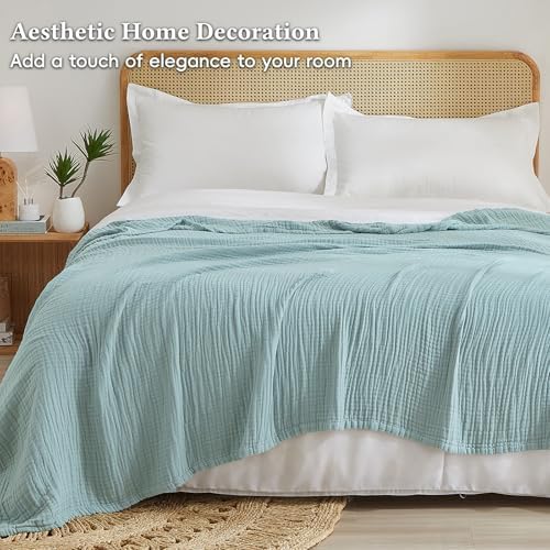David's Home Cotton Muslin Blanket, Soft Cooling Summer, Queen, Teal