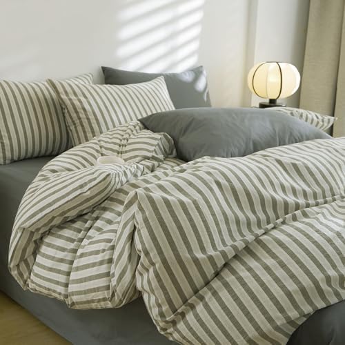 EAVD Retro Green Grey Striped Duvet Cover Set King 100% Washed Cotton
