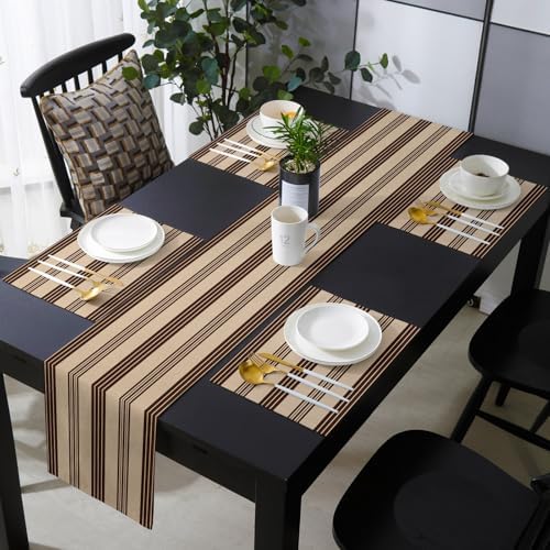 Vintage Striped Table Runner and Placemats for Dining Table, Burlap