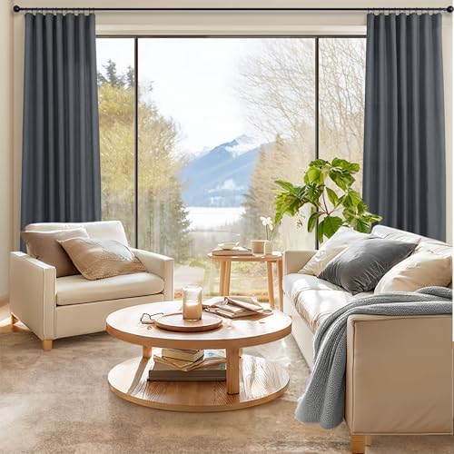 Dark Grey Curtains 84 Inch Length 2 Panels Set for Living Room Pleated