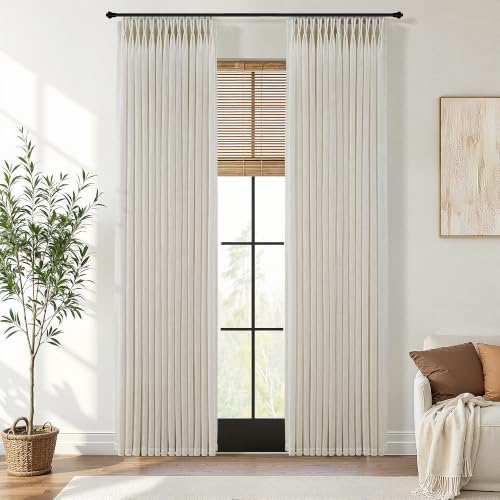 Pinch Pleated Curtains 120 Inches Long Semi Sheer 2 Panels Linen Beige