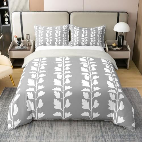 Erosebridal Grey White Floral Leaves Duvet Cover Set Farmhouse