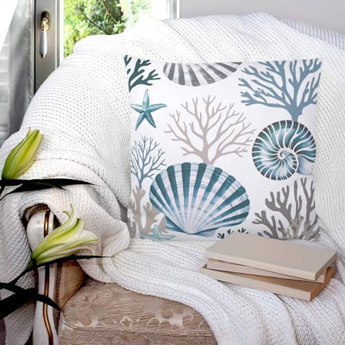 18x18 Pillow Covers Set of 2, Coastal Blue Shells Throw Pillow Covers
