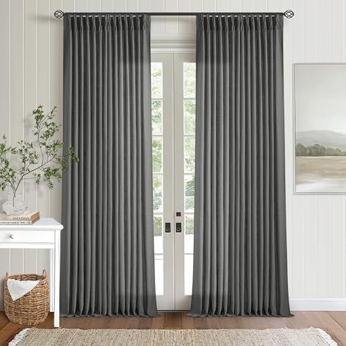 Charcoal Gray Linen Pinch Pleat Semi Sheer 120 Inch Curtains 2 Panels