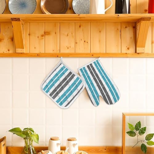 Quilted Cotton Terry Cloth Oven Mitt, Pot Holder Gray Blue Stripes