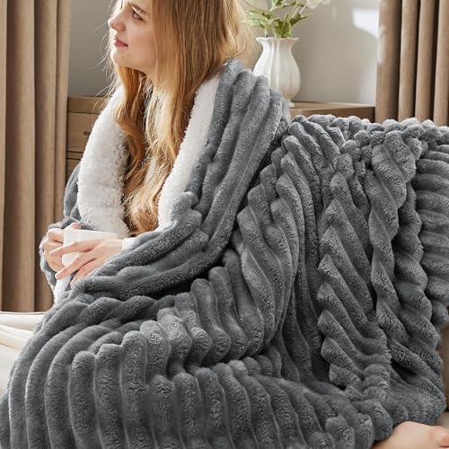 Bedsure Soft Sherpa Blanket Fluffy Dark Grey Gift Queen 90"x90"